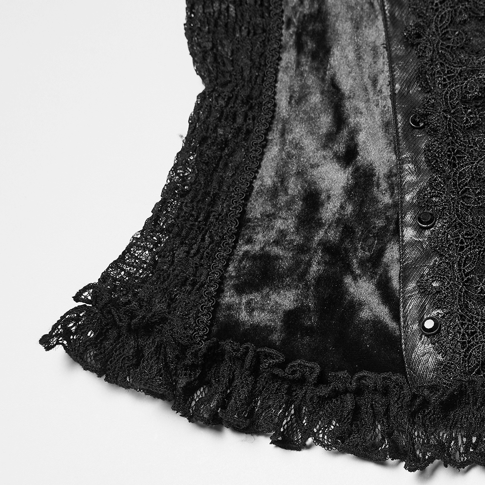 Elegant Gothic Black Velvet Lace Top with Flared Sleeves showcasing intricate lace and velvet details.