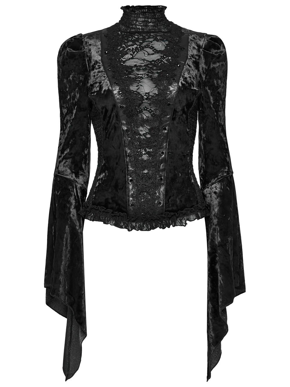 Elegant Gothic Black Velvet Lace Top with Flared Sleeves featuring lace and gemstone details.