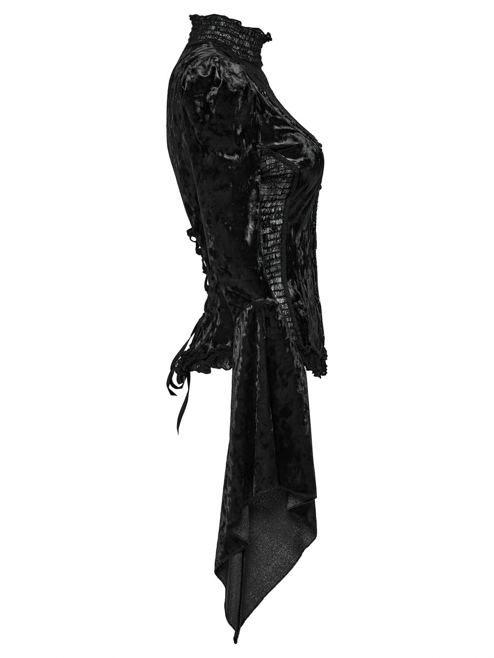 Elegant Gothic Black Velvet Lace Top with Flared Sleeves side view featuring lace trim and dramatic silhouette.