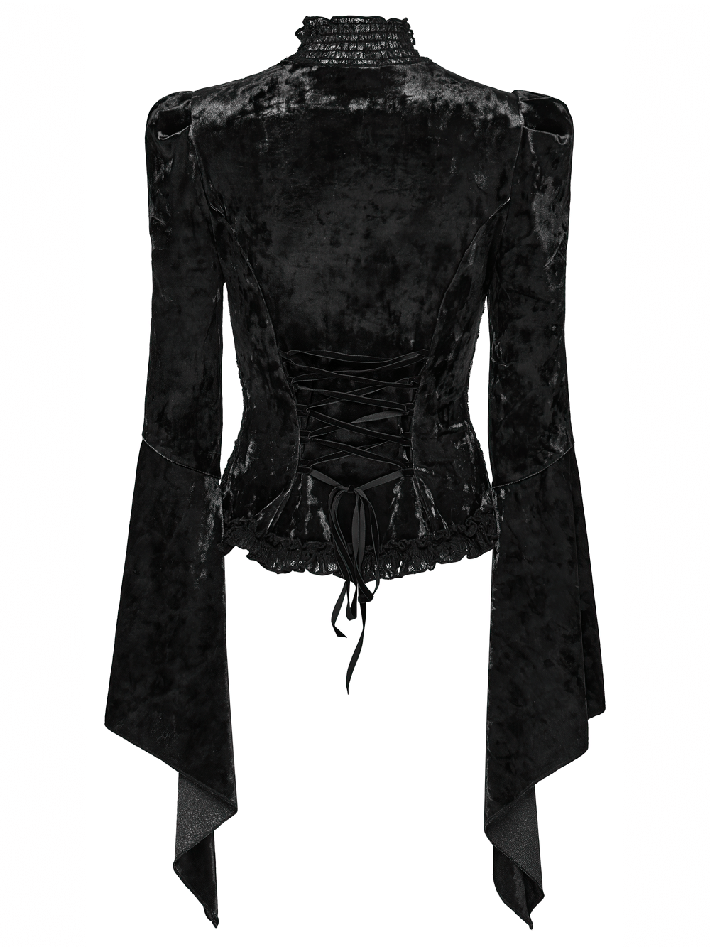 Elegant Gothic Black Velvet Lace Top with Flared Sleeves, showcasing detailed lace-up back and dramatic flared sleeves.