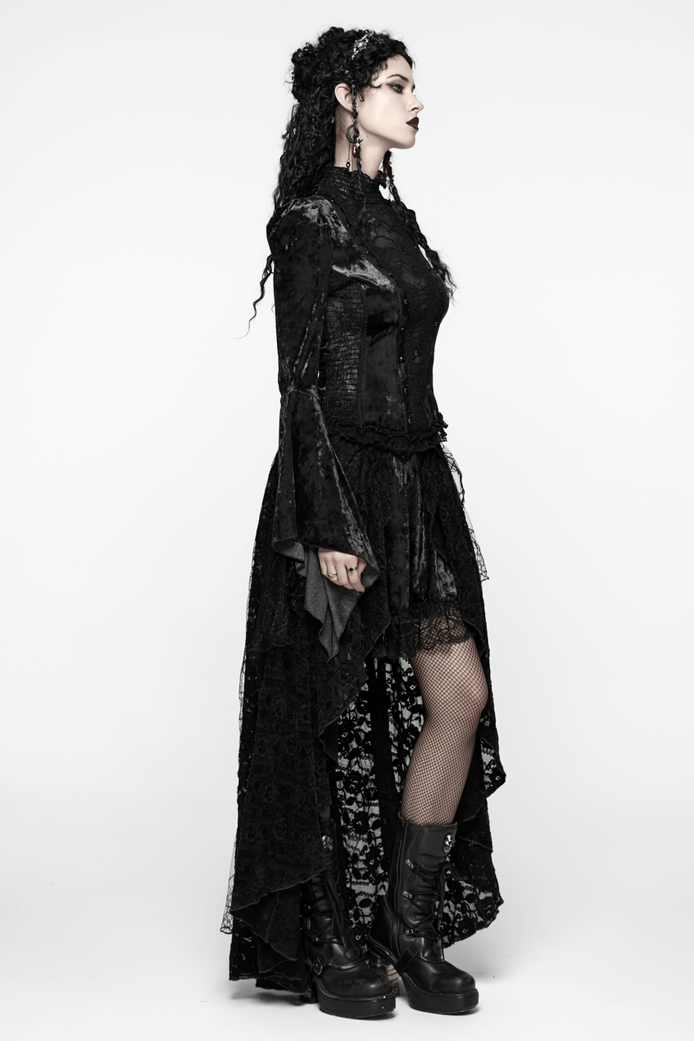 Elegant Gothic Black Velvet Lace Top with Flared Sleeves worn by a model in a dramatic black outfit.