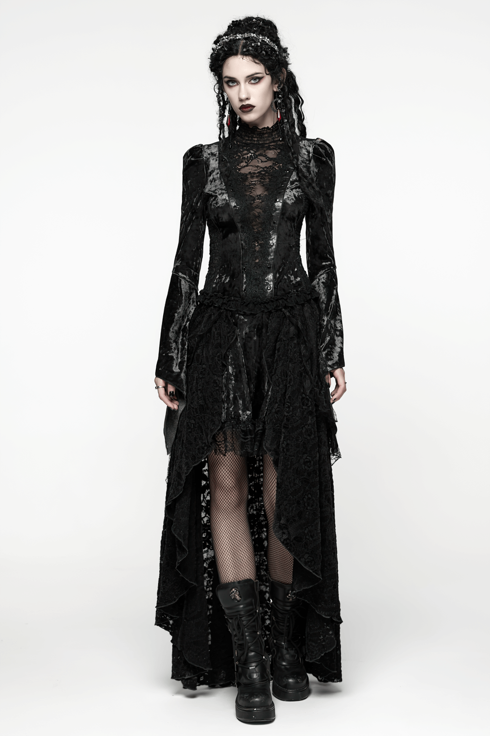 Elegant Gothic Black Velvet Lace Top with Flared Sleeves, featuring stunning lace and gemstone detailing.