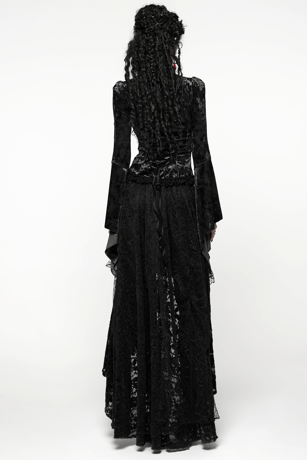 Elegant Gothic Black Velvet Lace Top with Flared Sleeves back view showcasing lace and velvet details.