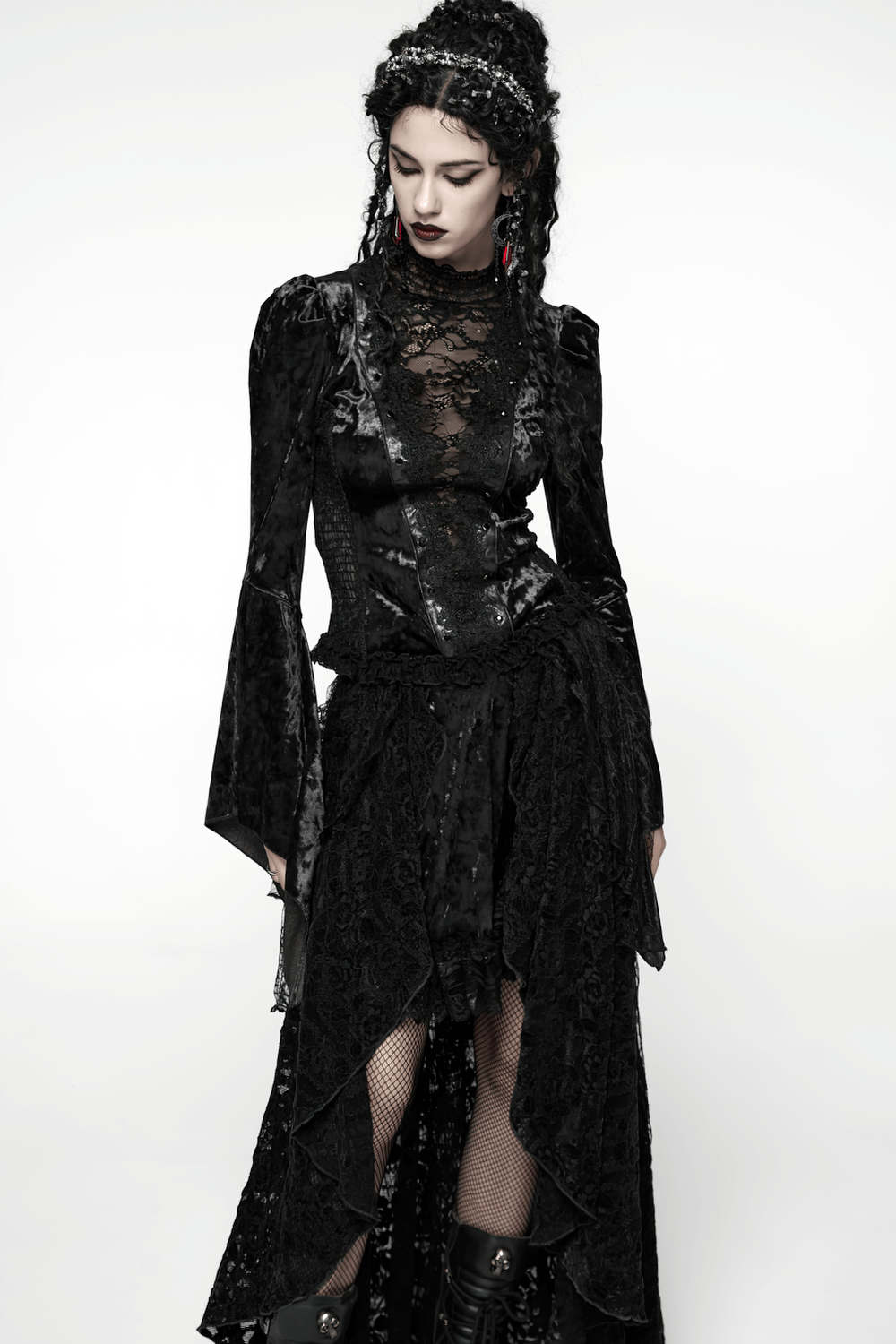 Elegant Gothic Black Velvet Lace Top with Flared Sleeves worn by a model in a dramatic pose.