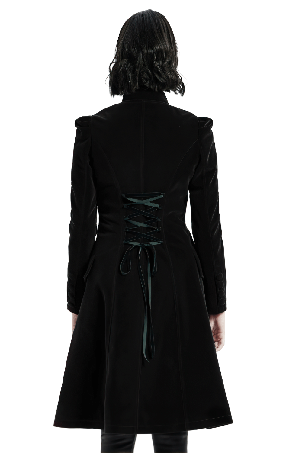 Back view of an elegant black velvet Gothic trench coat with lace-up detail, showcasing its dramatic design.