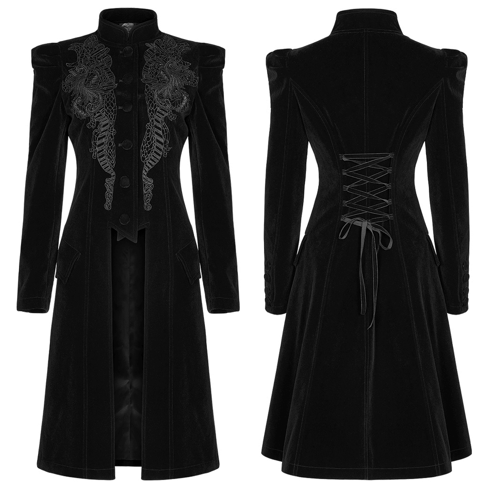 Elegant Gothic black velvet trench coat with lace-up back and intricate design, perfect for dramatic flair.