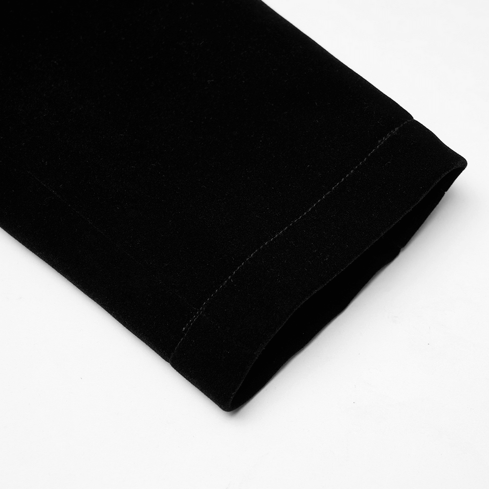 Close-up of the sleek black velvet fabric of the Gothic trench coat sleeve, showcasing quality craftsmanship.
