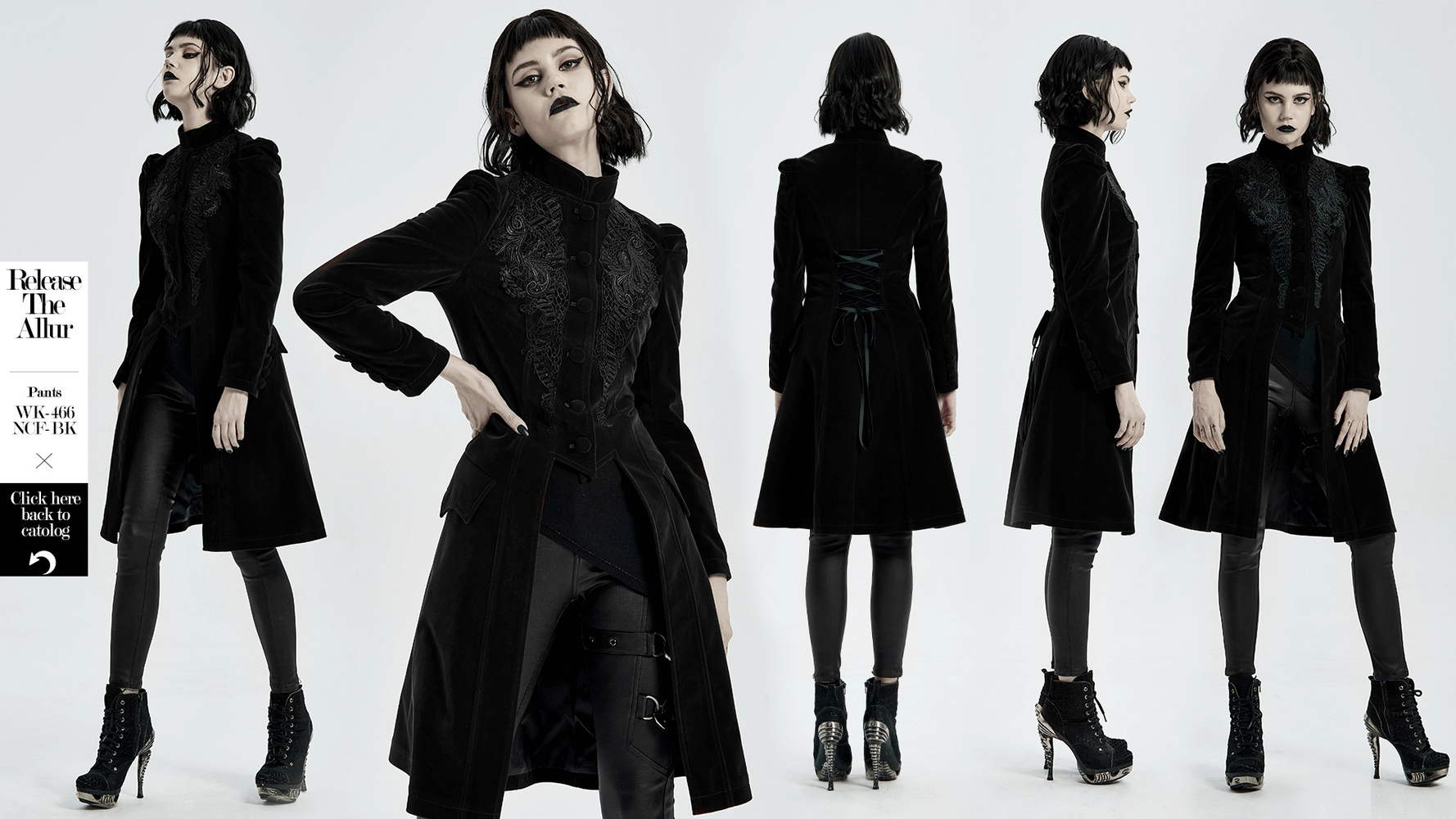 Elegant Gothic black velvet trench coat with lace-up back detail, showcasing a slim fit for a stylish night out.
