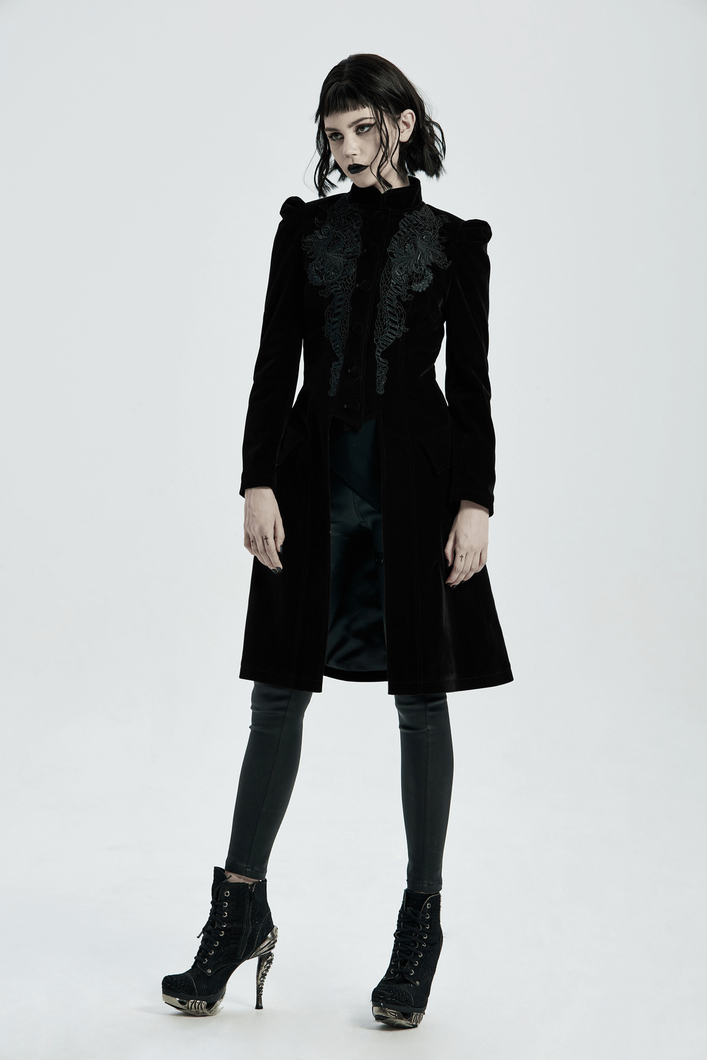 Elegant Gothic Black Velvet Lace-Up Back Trench Coat