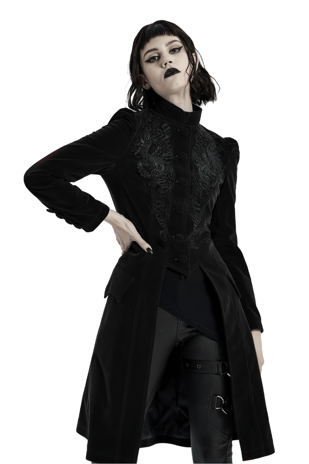 Elegant Gothic black velvet lace-up trench coat featuring intricate lace details and a chic slim fit.