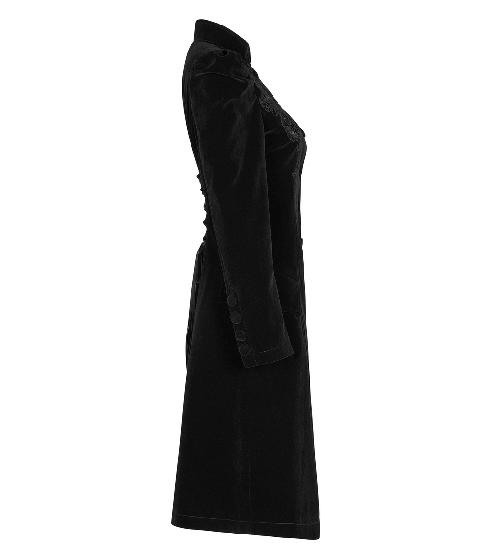 Elegant Gothic black velvet lace-up trench coat showcasing side view with chic button details.