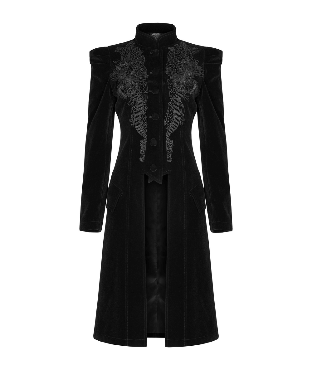 Elegant black velvet trench coat with intricate embroidery and a sleek silhouette.