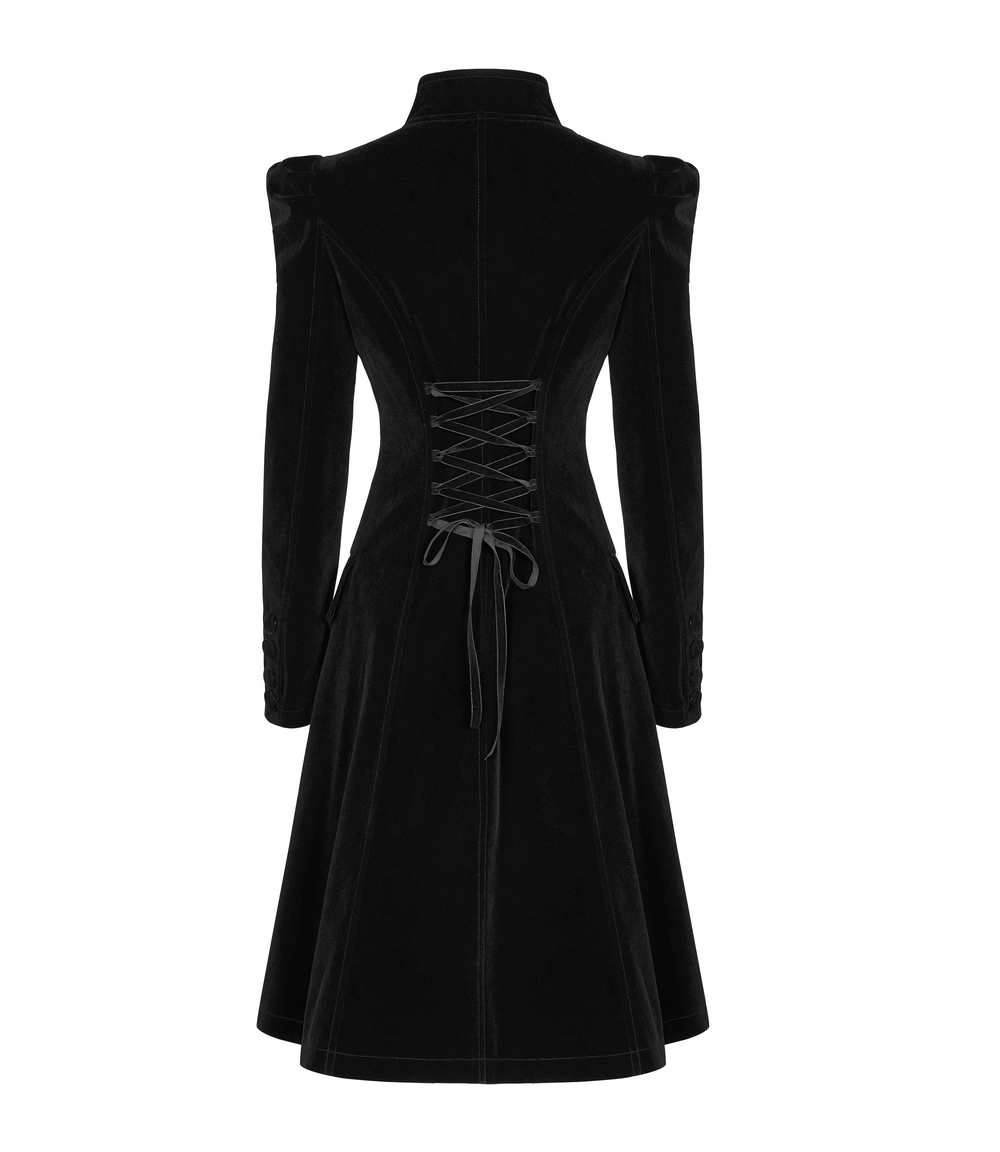 Back view of an elegant black velvet lace-up trench coat, featuring a dramatic design and slim fit for Gothic flair.