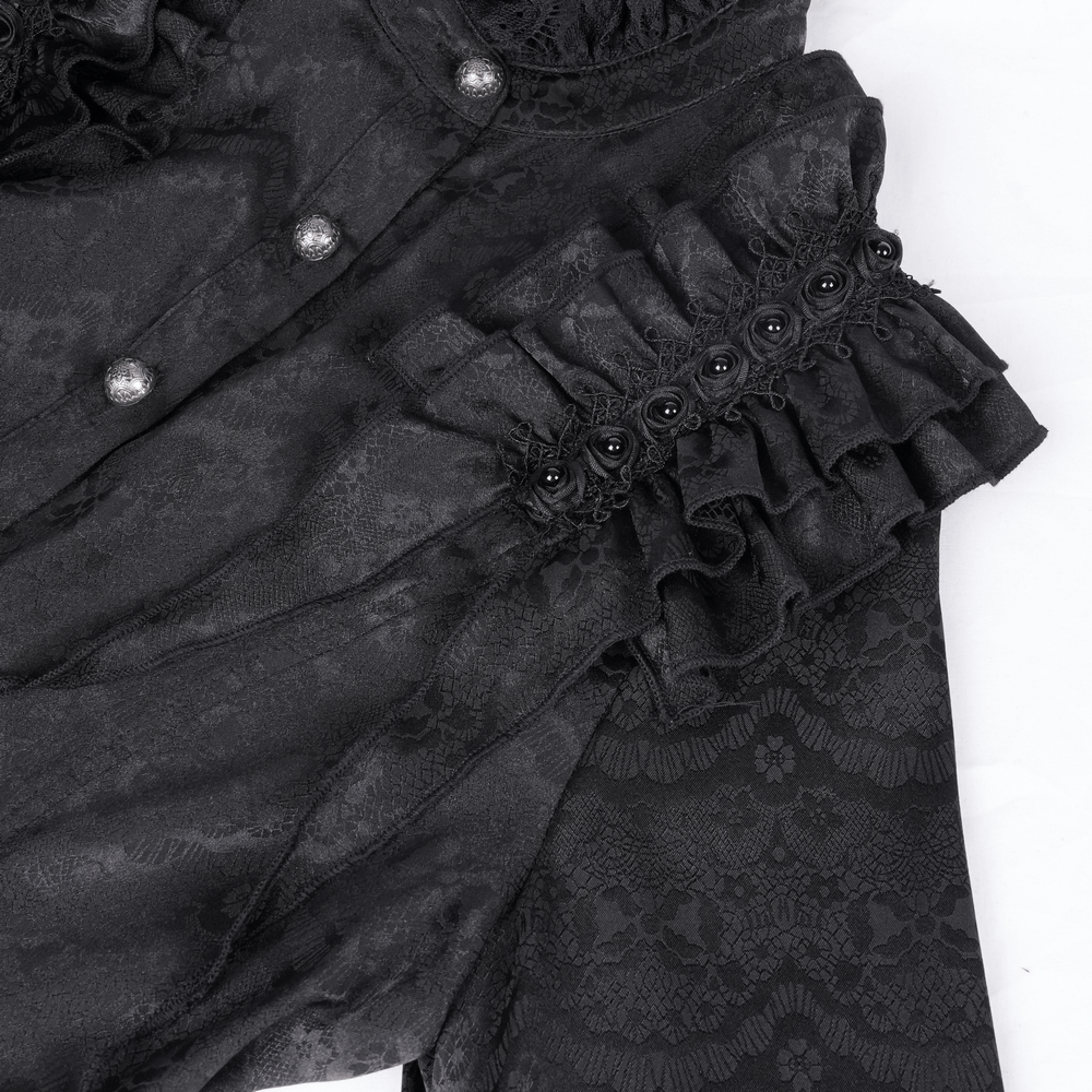 Elegant black gothic blouse with ruffled lace and high collar, perfect for Victorian and steampunk outfits.