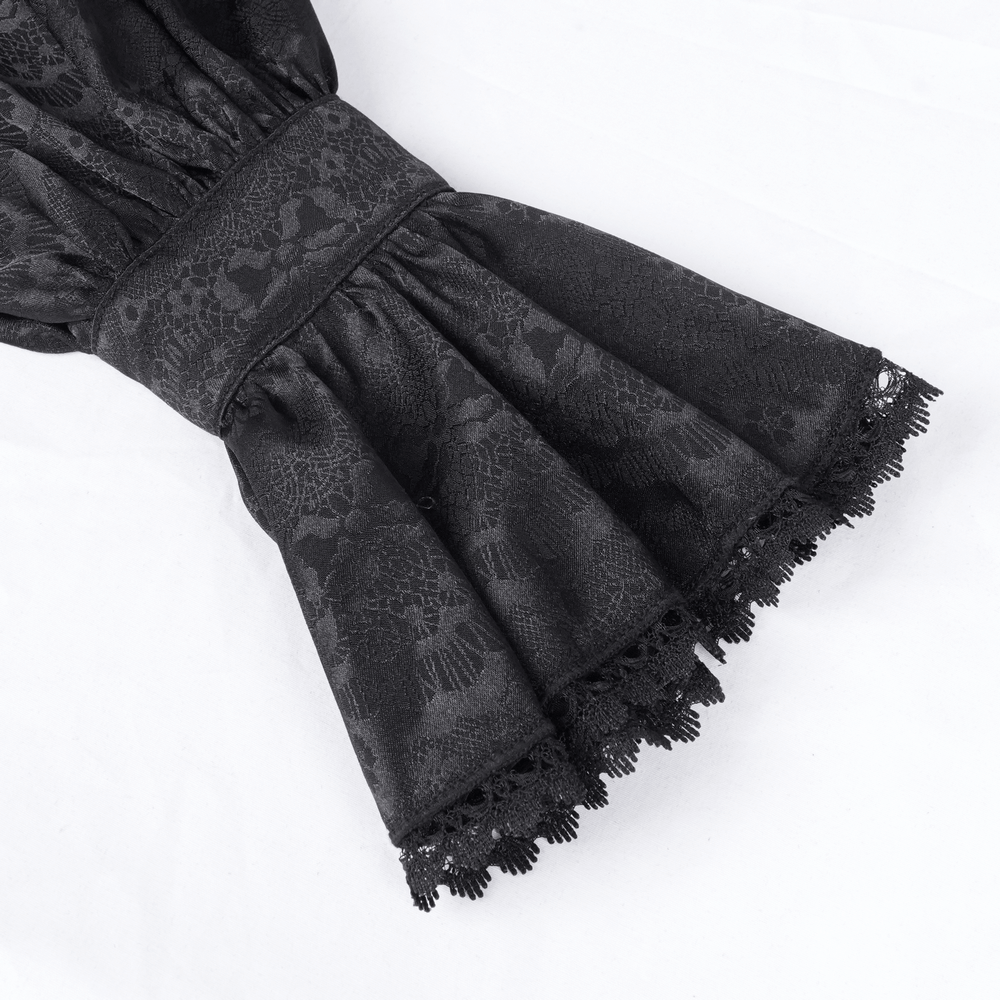 Victorian-inspired black blouse sleeve featuring elegant ruffled lace and intricate patterns for gothic fashion.