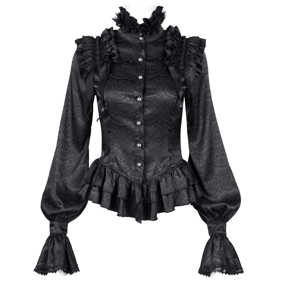 Elegant black gothic blouse with ruffled lace, high collar, and puff sleeves for Victorian-inspired fashion.