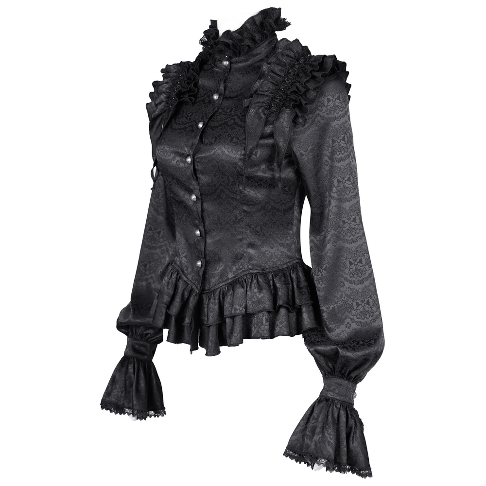 Elegant Gothic Blouse with Ruffled Lace and High Collar