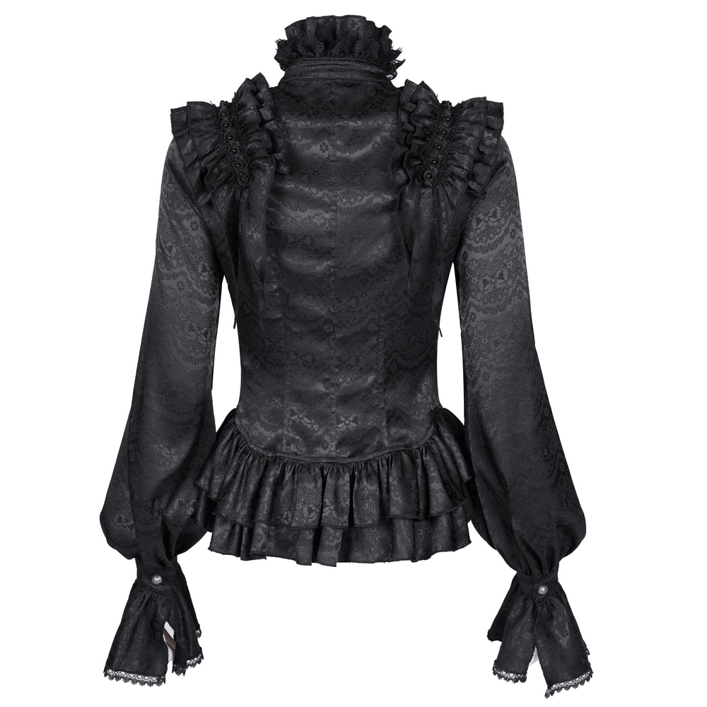 Elegant Gothic Blouse with Ruffled Lace and High Collar