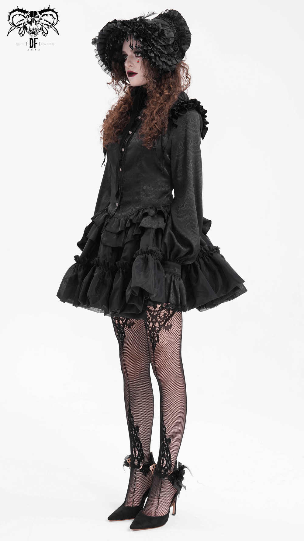 Elegant gothic blouse with ruffled lace, high collar, and dramatic puff sleeves, paired with stylish fishnet stockings.