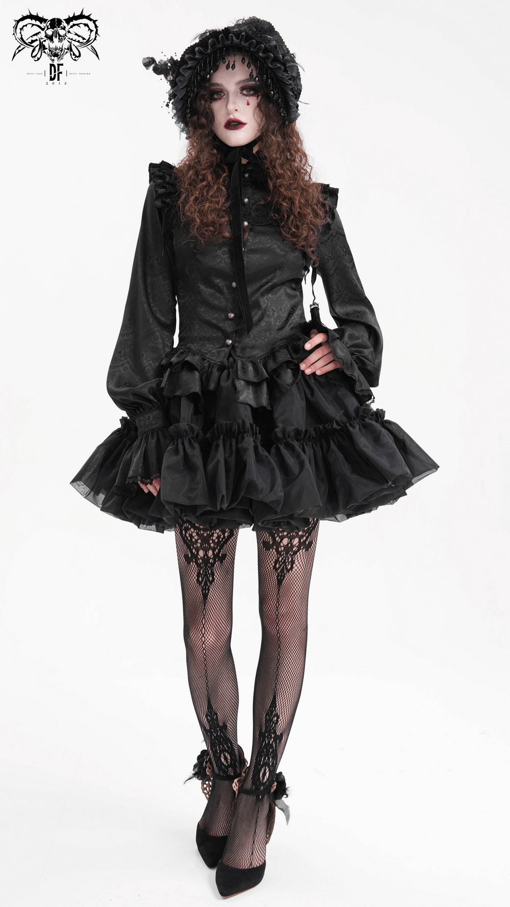 Elegant gothic blouse with ruffled lace, high collar, and dramatic puff sleeves for unique Victorian-inspired style.