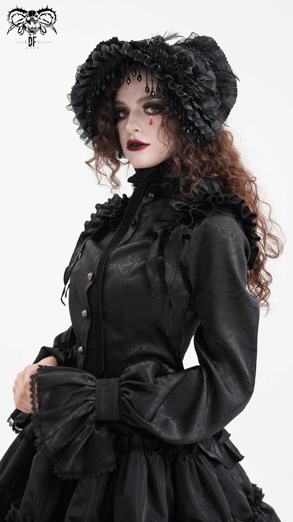 Elegant gothic blouse with ruffled lace and high collar, paired with a dramatic black hat and puff sleeves.