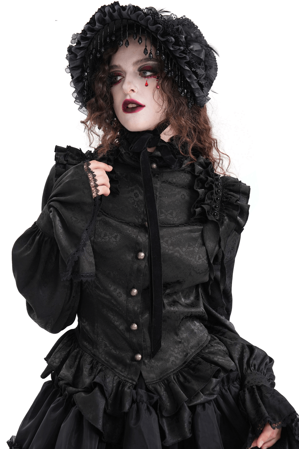 Elegant Gothic Blouse with Ruffled Lace and High Collar