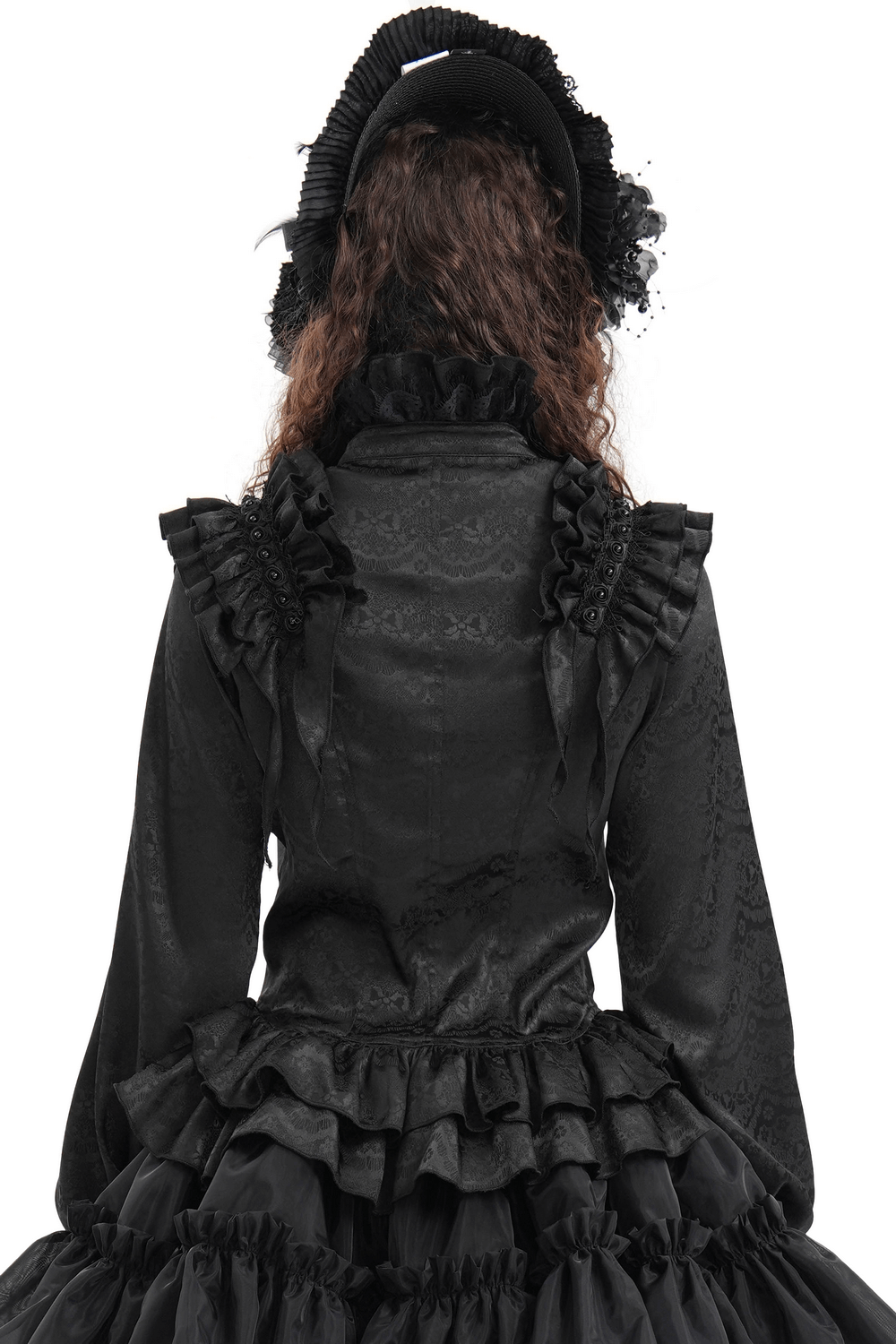 Back view of elegant black gothic blouse with ruffled lace and high collar, showcasing intricate detailing and puff sleeves.