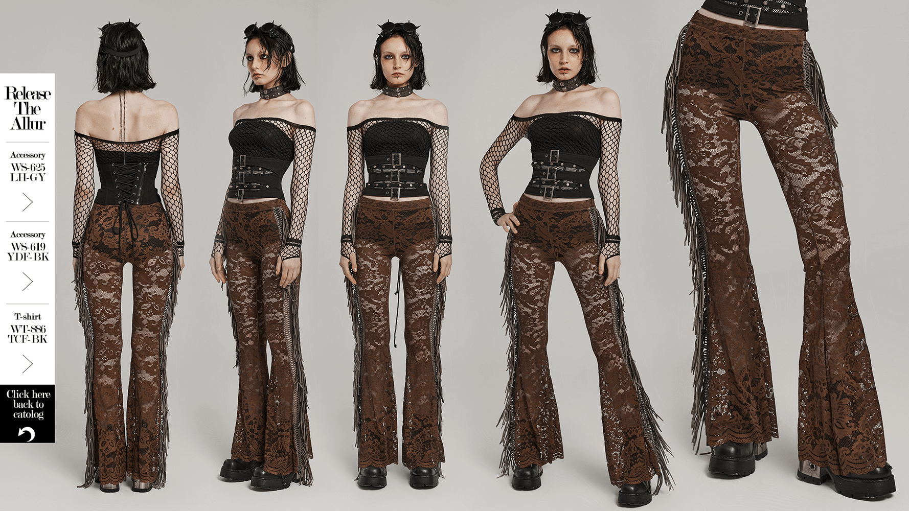 Elegant gothic brown fringe lace flared pants showcasing stylish lace and edgy design. Perfect for channeling a goth vibe!