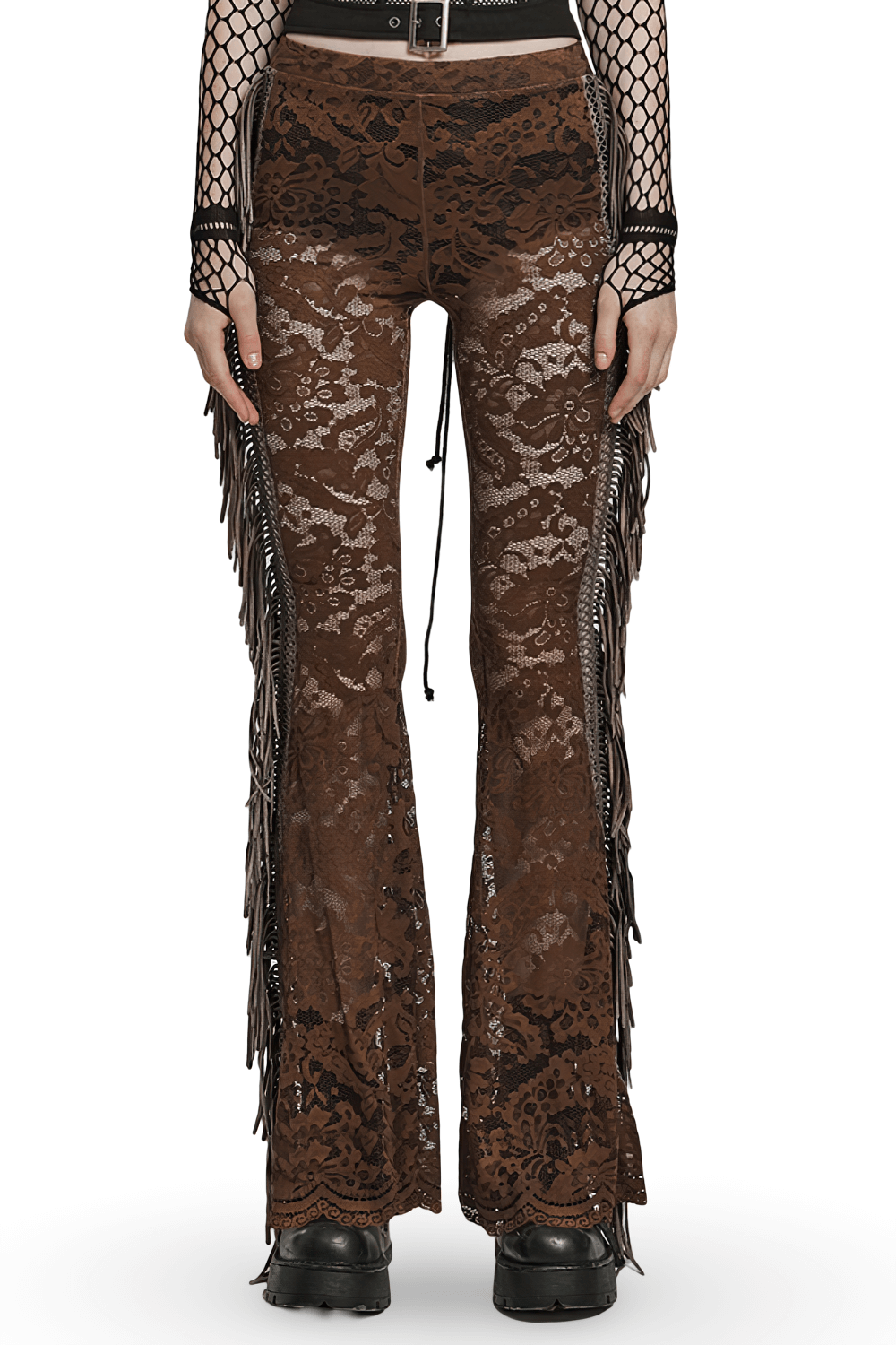 Elegant Gothic brown flared lace pants with fringe, showcasing a romantic yet edgy style. Perfect for goth fashion lovers.