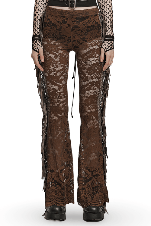 Elegant Gothic Brown Fringe Lace Pants-Flares
