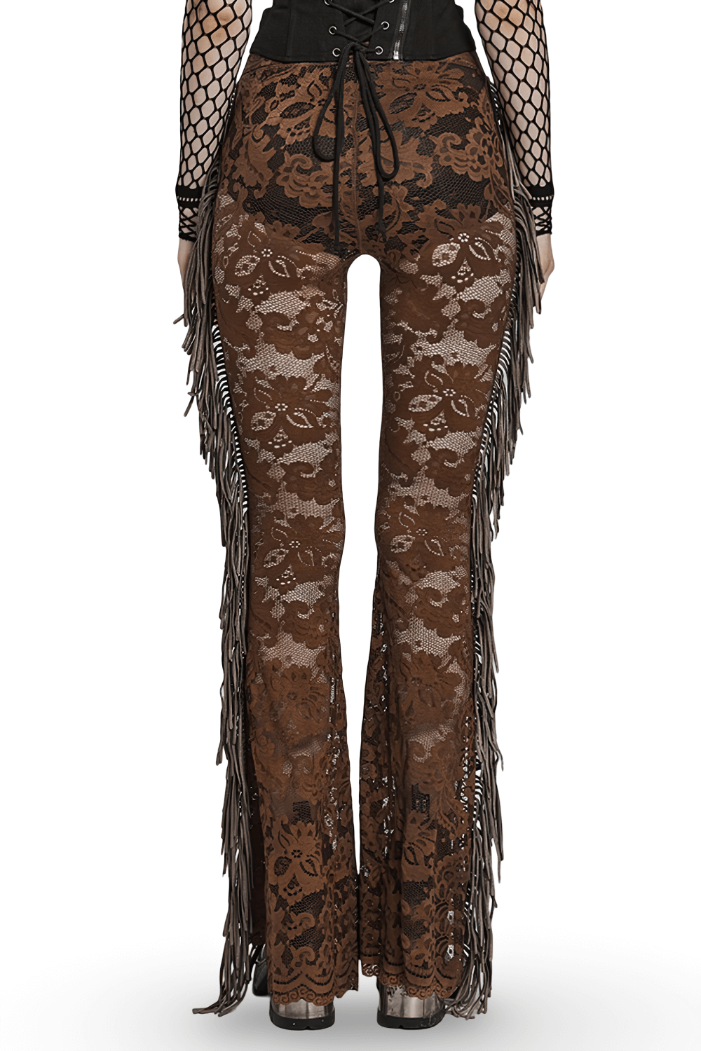 Elegant Gothic brown fringe lace flared pants, featuring dramatic lace and mesh for a trendy goth style.