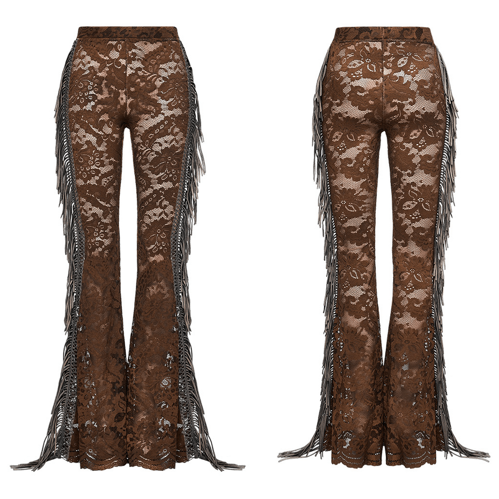 Elegant brown lace flared pants with fringe detailing, perfect for a gothic style wardrobe.