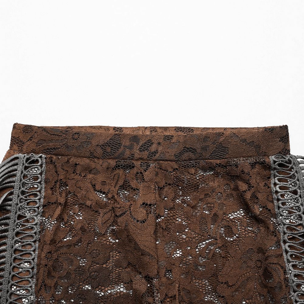 Elegant brown lace flared pants with intricate fringe detailing for a stylish goth look.