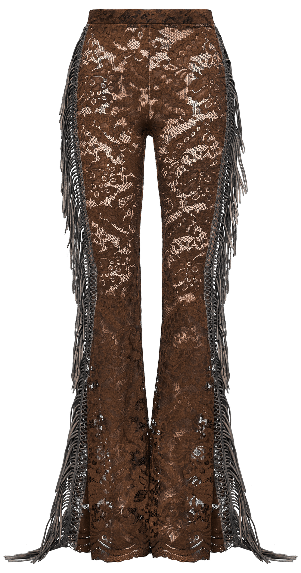 Elegant Gothic brown fringe lace flared pants with dramatic lace trim for a stylish edgy look.
