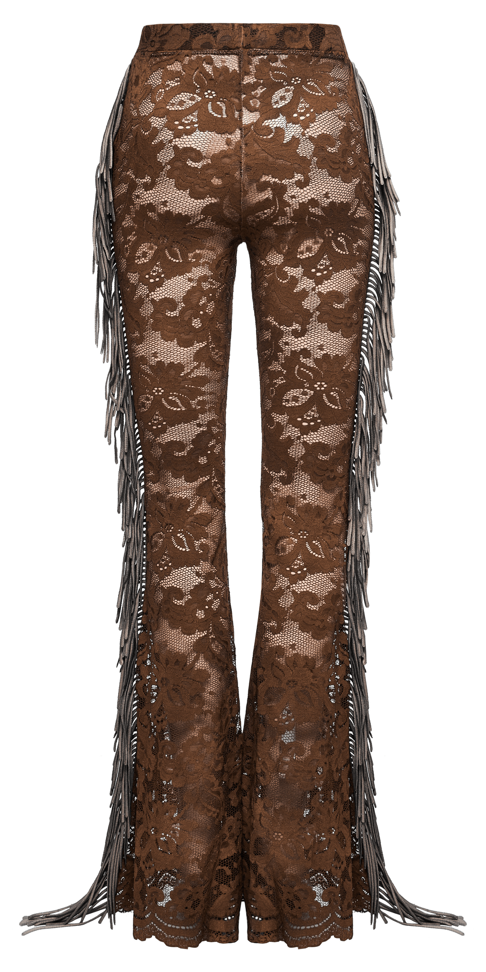 Elegant brown fringe lace flared trousers with delicate trim, perfect for a gothic chic look.