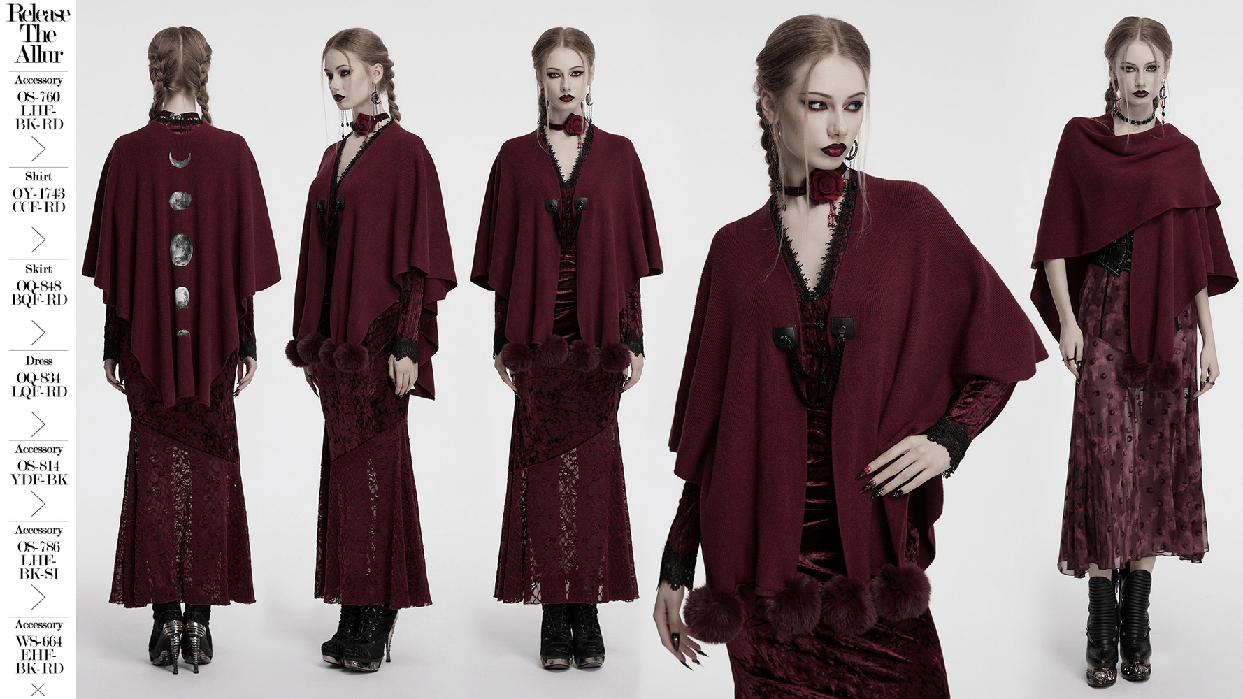 Elegant gothic burgundy shawl with moon phase print, showcasing various stylish angles and details.