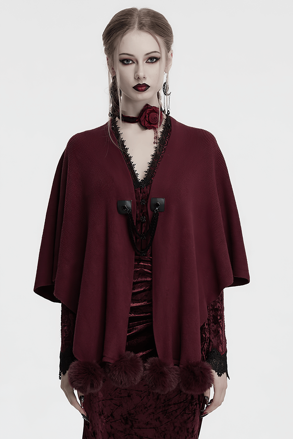 Elegant Gothic burgundy shawl with moon phase print, featuring pom-pom details and a chic design.