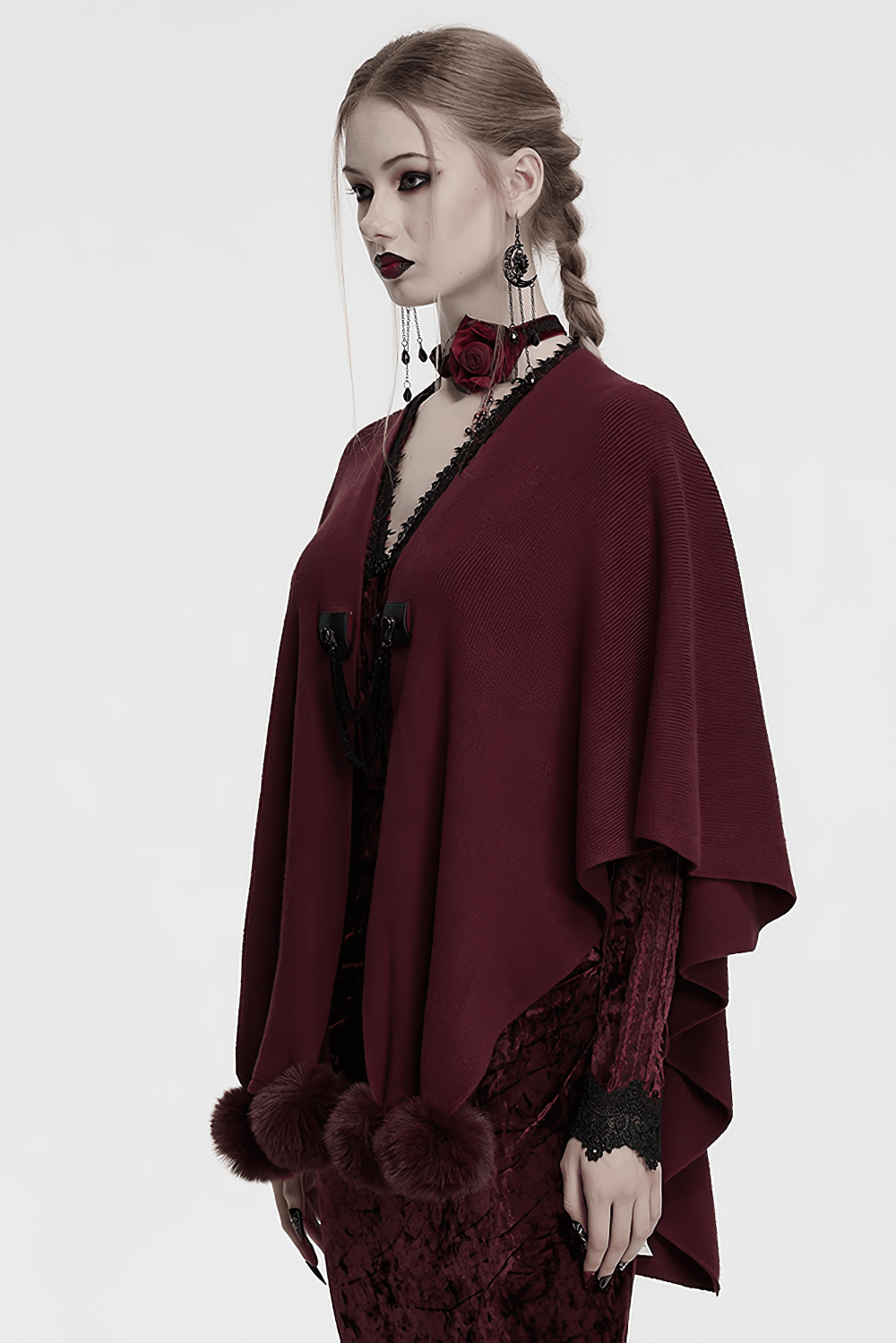 Elegant Gothic burgundy shawl with moon phase print, perfect for adding a touch of elegance to any outfit.