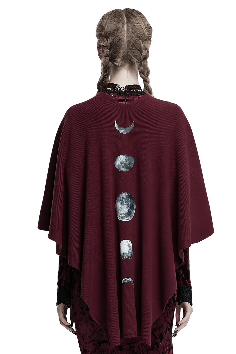 Elegant Gothic burgundy shawl featuring moon phase print, exuding mystical charm and style.