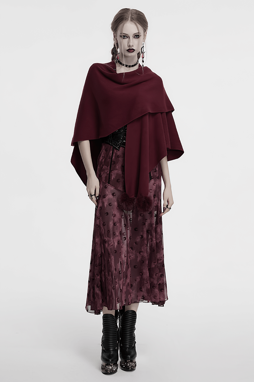Elegant gothic burgundy shawl draped elegantly over a stylish outfit, featuring a mystical moon phase print.