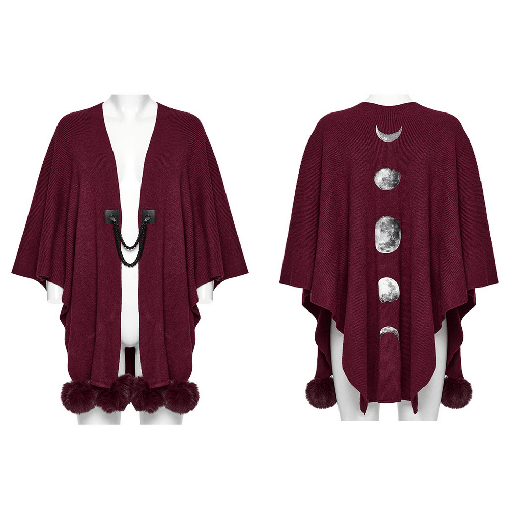 Elegant gothic burgundy shawl with moon phase print and pom pom details, perfect for a mystical look.