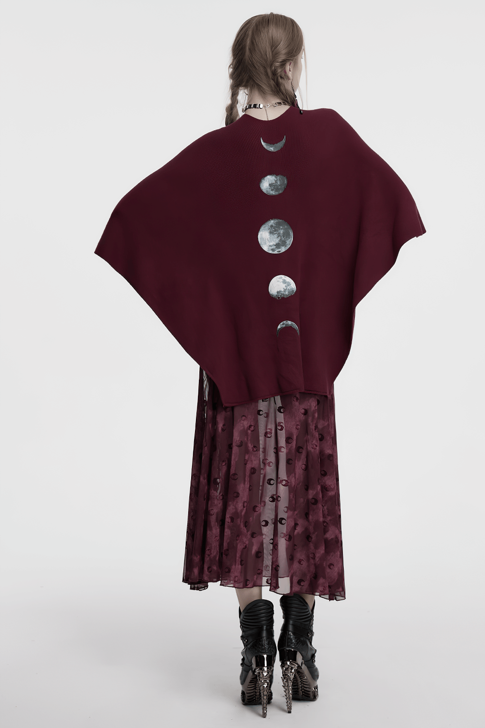 Elegant Gothic burgundy shawl featuring a Moon Phase print, perfect for a mystical fashion statement.