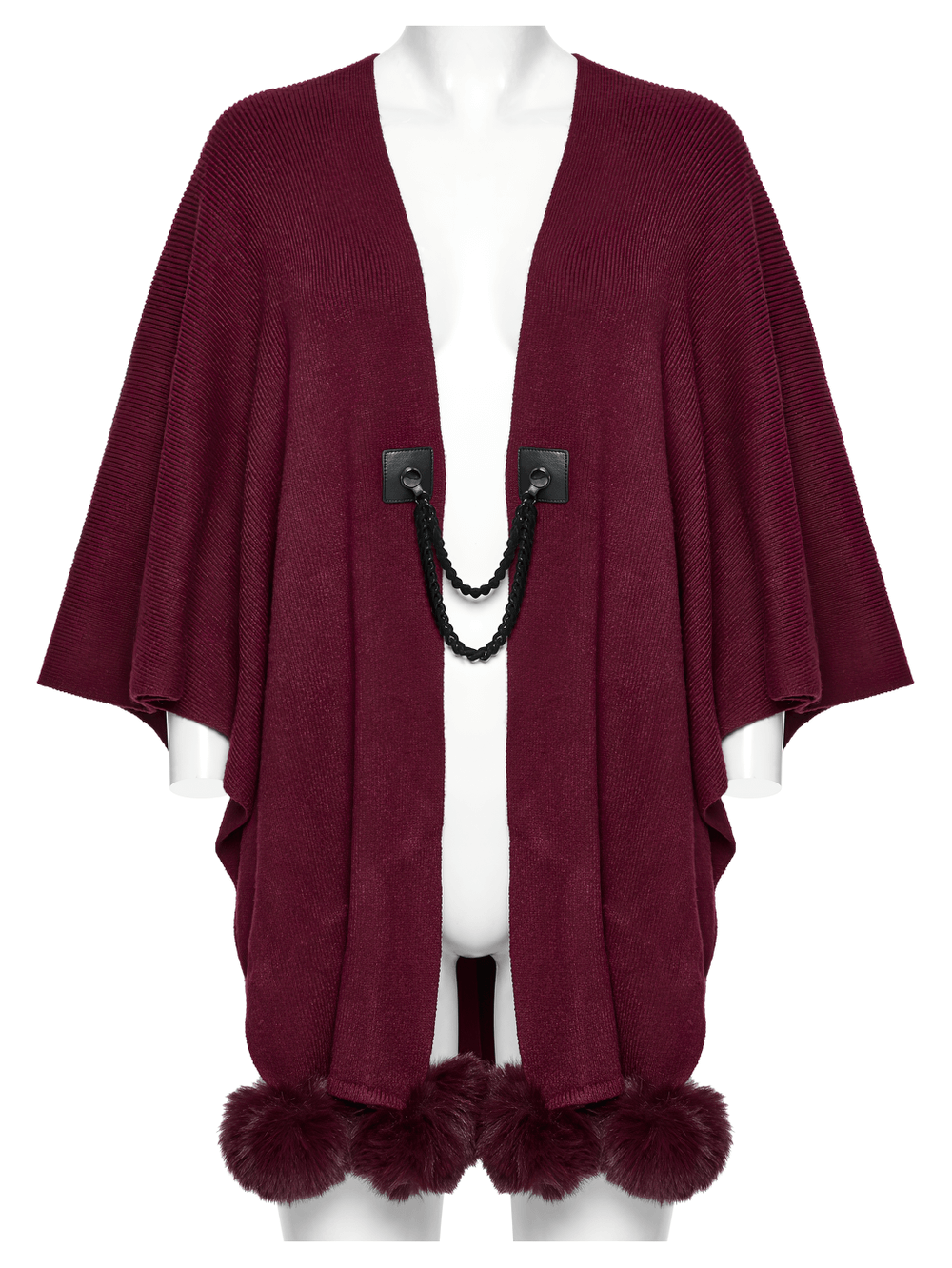 Elegant burgundy shawl with moon phase print and pom-pom details, perfect for a gothic style.