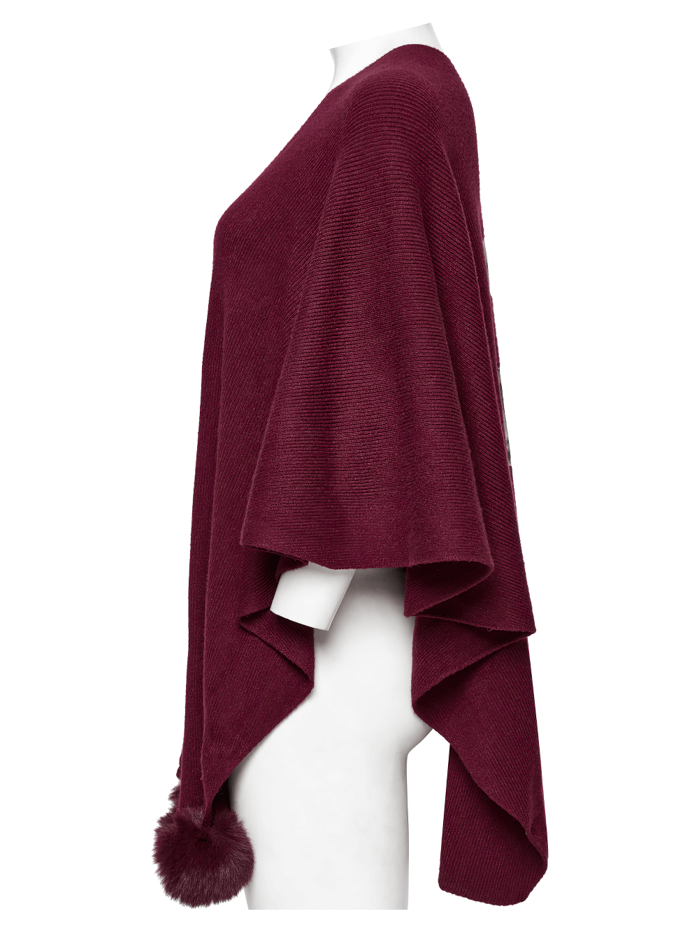 Elegant Gothic burgundy shawl with moon phase print, featuring a stylish design and playful pom pom detail.