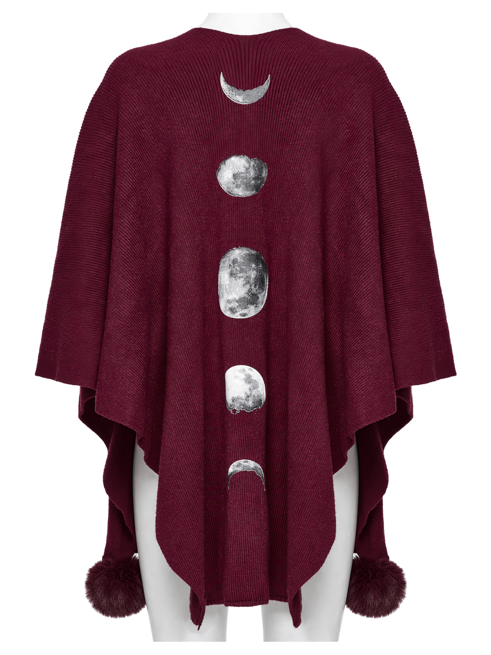 Elegant gothic burgundy shawl featuring a chic moon phase print and playful pom-pom details.
