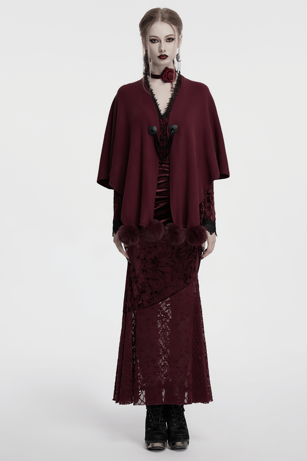 Elegant Gothic burgundy shawl with moon phase print, perfect for dramatic outfits and gothic style.