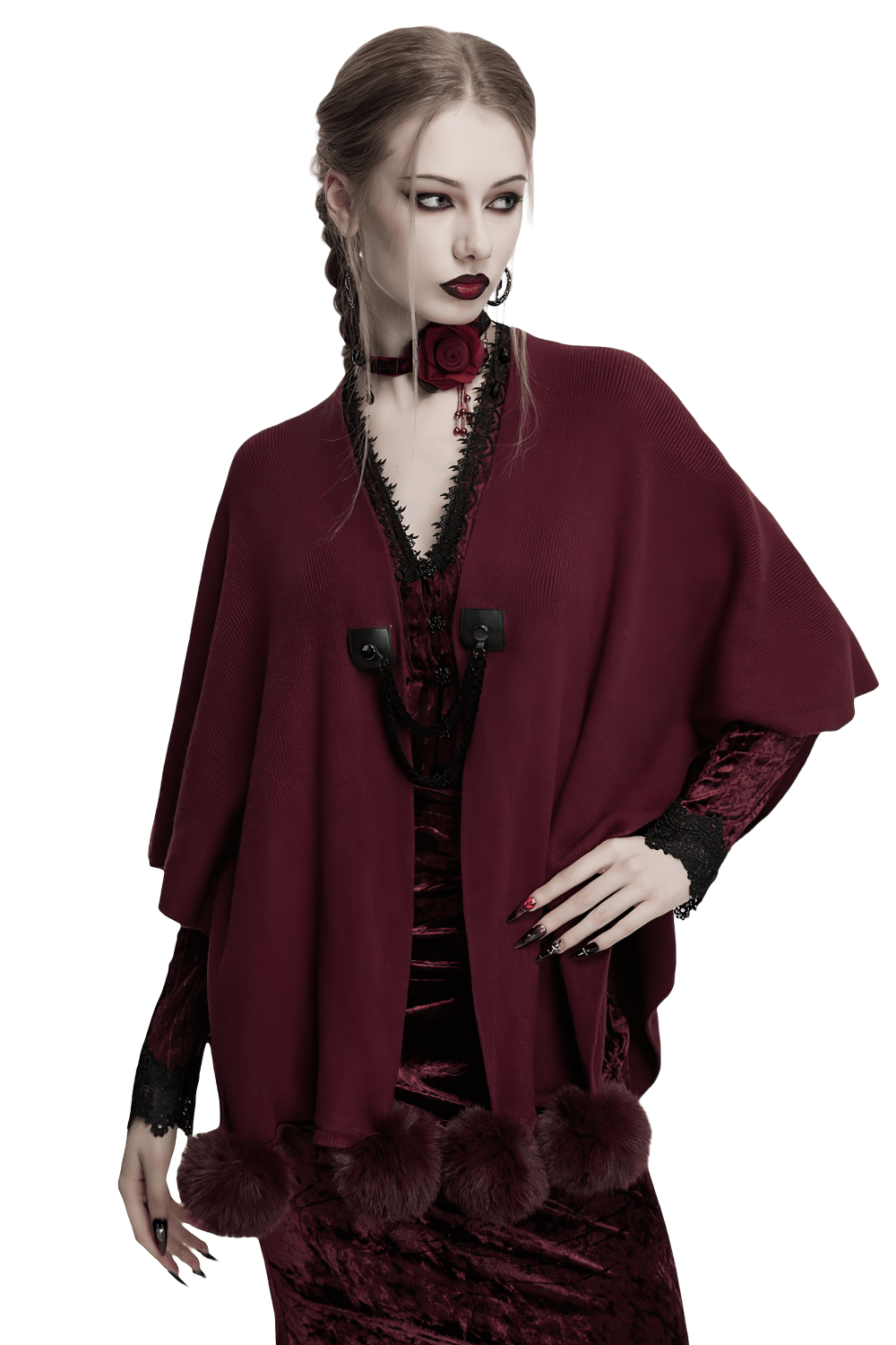 Elegant Gothic burgundy shawl with moon phase print and fluffy pom-poms, perfect for stylish layering.