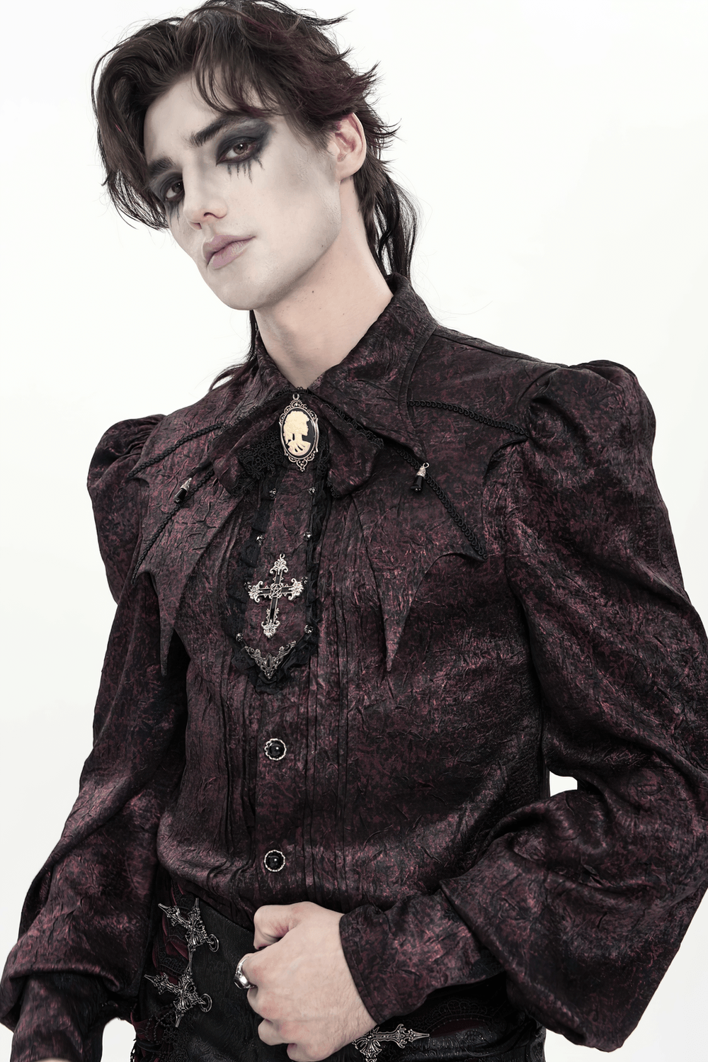 Elegant Gothic Cameo Cross Lace Cravat Neckwear worn with a dramatic Victorian-style blouse featuring a cameo brooch.