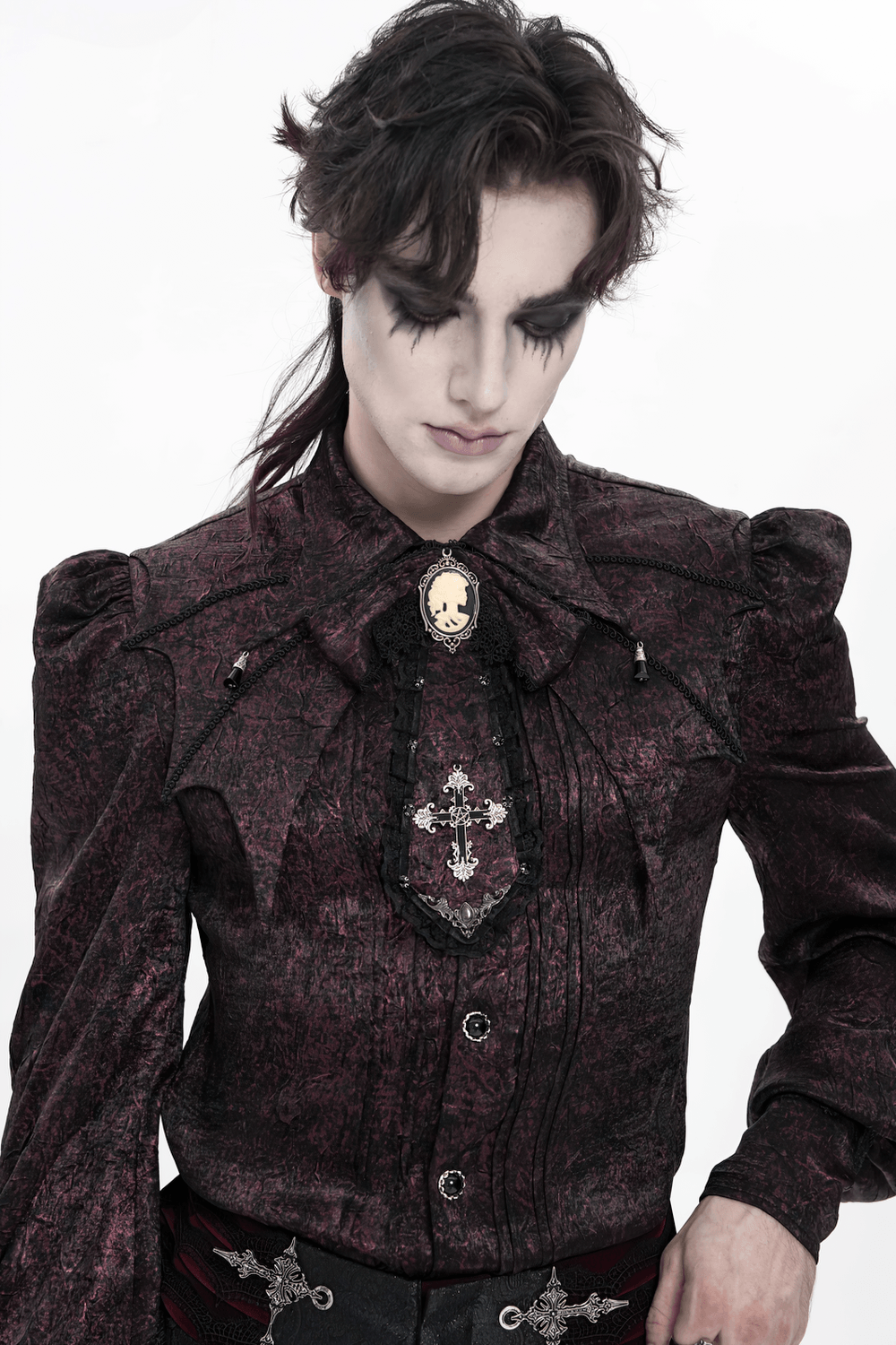 Elegant Gothic Cameo Cross Lace Cravat Neckwear showcased on a model with dark, dramatic styling and Victorian detail.