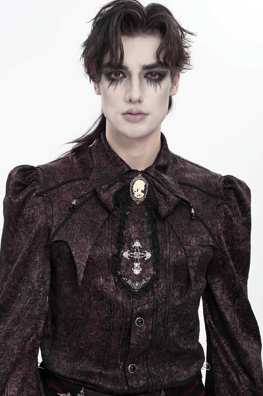Elegant Gothic Cameo Cross Lace Cravat Neckwear worn by model with striking gothic makeup and attire.